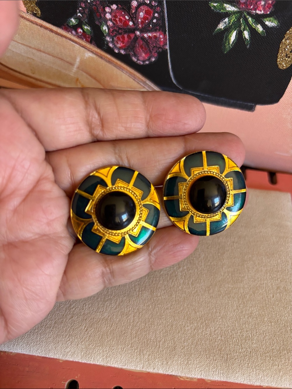 Vintage Gold-Tone and Dark Green Round Dome Clip-On Earrings